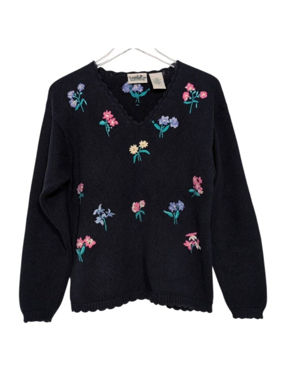 Northern Reflections Embroidered Floral Sweater Womens Size Medium Blue Cottagec
